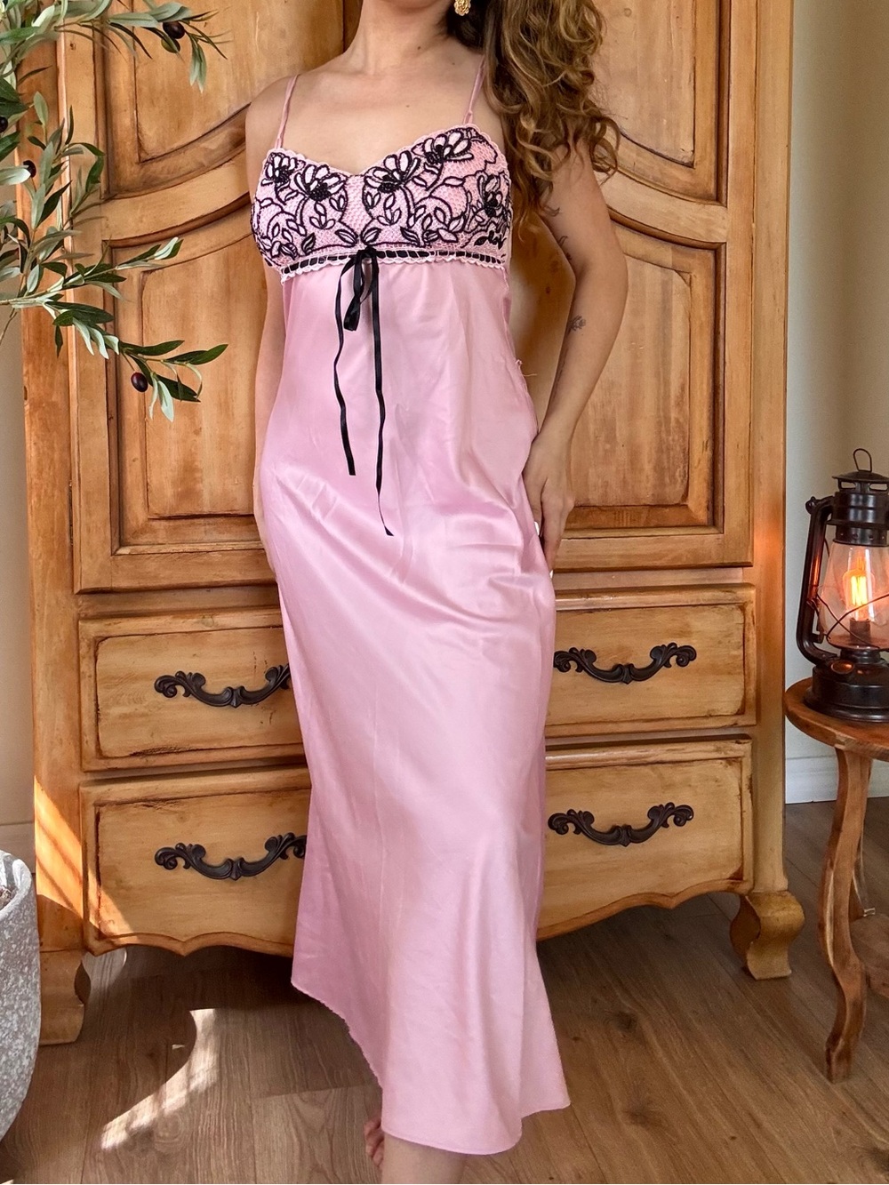 Coquette Pink Maxi Slip Dress with embroidered detail
